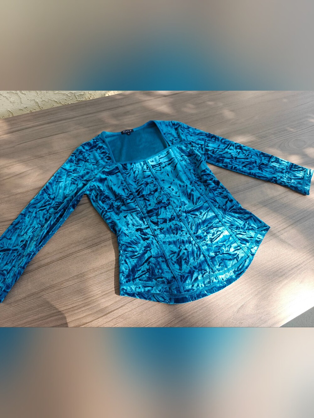 Y2K Teal Crushed Velvet Square-Neck Women's Top